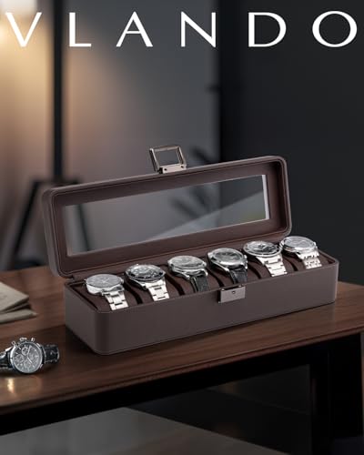 Vlando Boîte à montres en cuir verrouillable pour homme avec couvercle en verre et coussin en polyuréthane cadeau père m