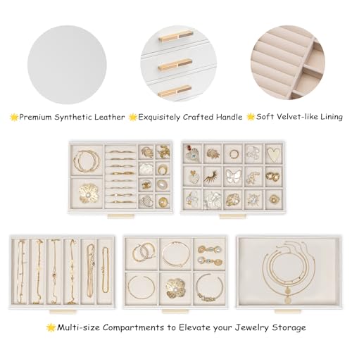 Boîte à bijoux Vlando pour femmes, avec couvercle en verre et 5 tiroirs|Organiseur en cuir synthétique multifonctionnel|