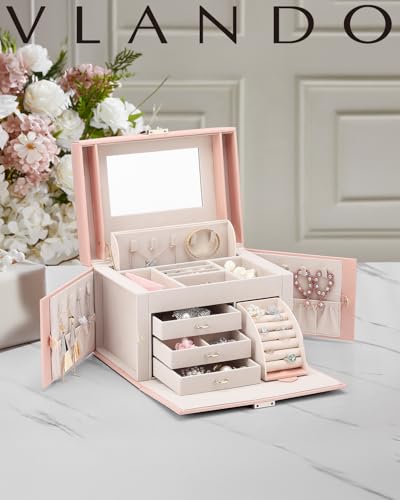 Vlando Boîte à Bijoux avec Miroir et Fermoir,Coffret en Cuir pour Bracelets, Boucles d' oreilles, bagues, Colliers, Mont