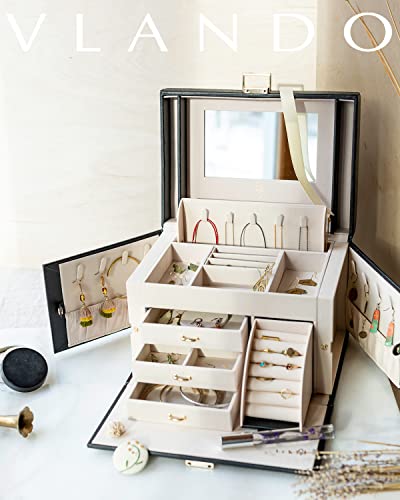 Vlando Boîte à bijoux baroque noir avec miroir pour filles et femmes, 3 tiroirs, idéal cadeau fête des mères