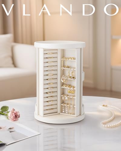 Boîte à bijoux Vlando rotative 360° pour femmes, design ouvert, beige avec 6 crochets