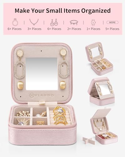Vlando Boîte à bijoux de voyage pour femme, organiseur en velours personnalisé, rangement de bijoux avec miroir