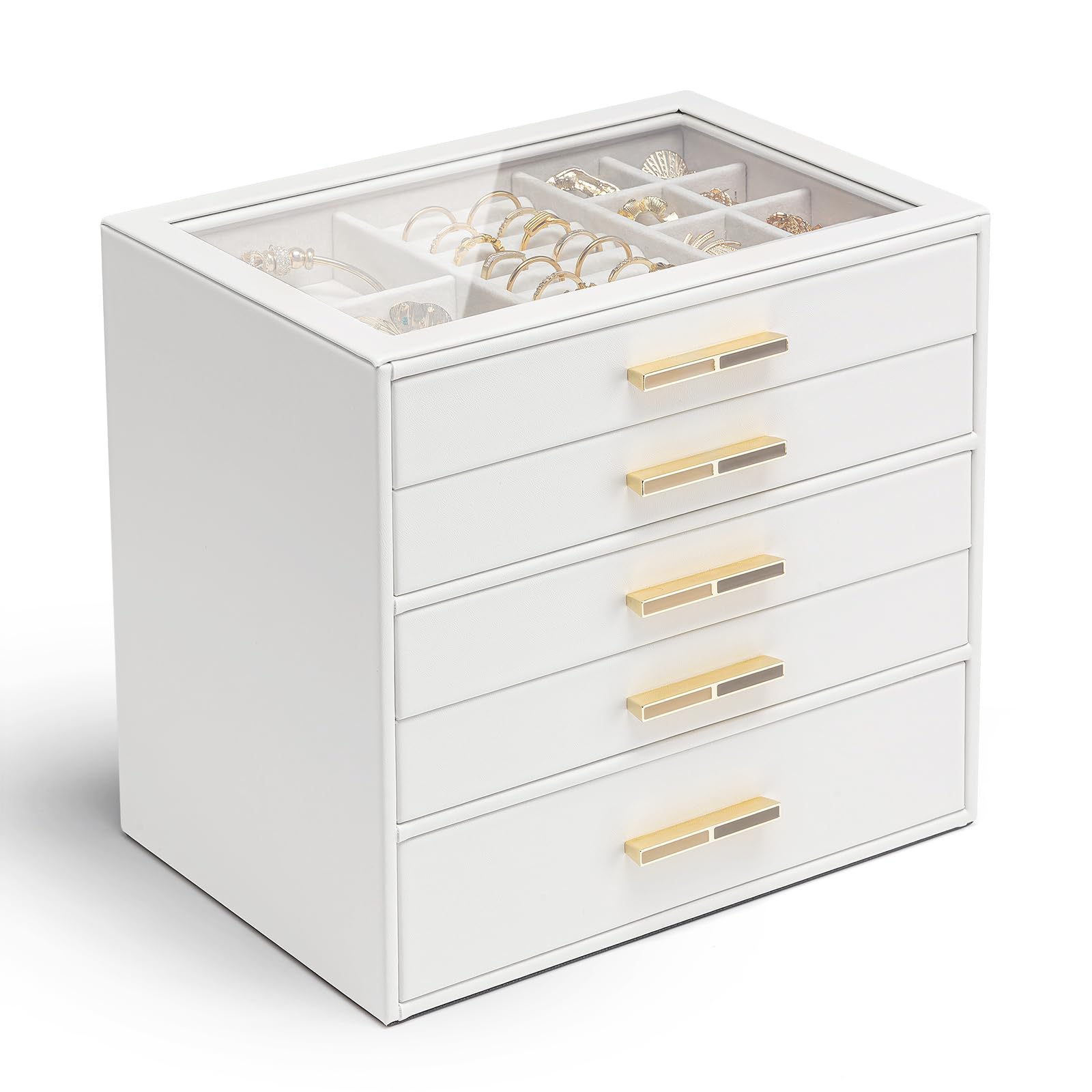 Boîte à bijoux Vlando pour femmes, avec couvercle en verre et 5 tiroirs|Organiseur en cuir synthétique multifonctionnel|