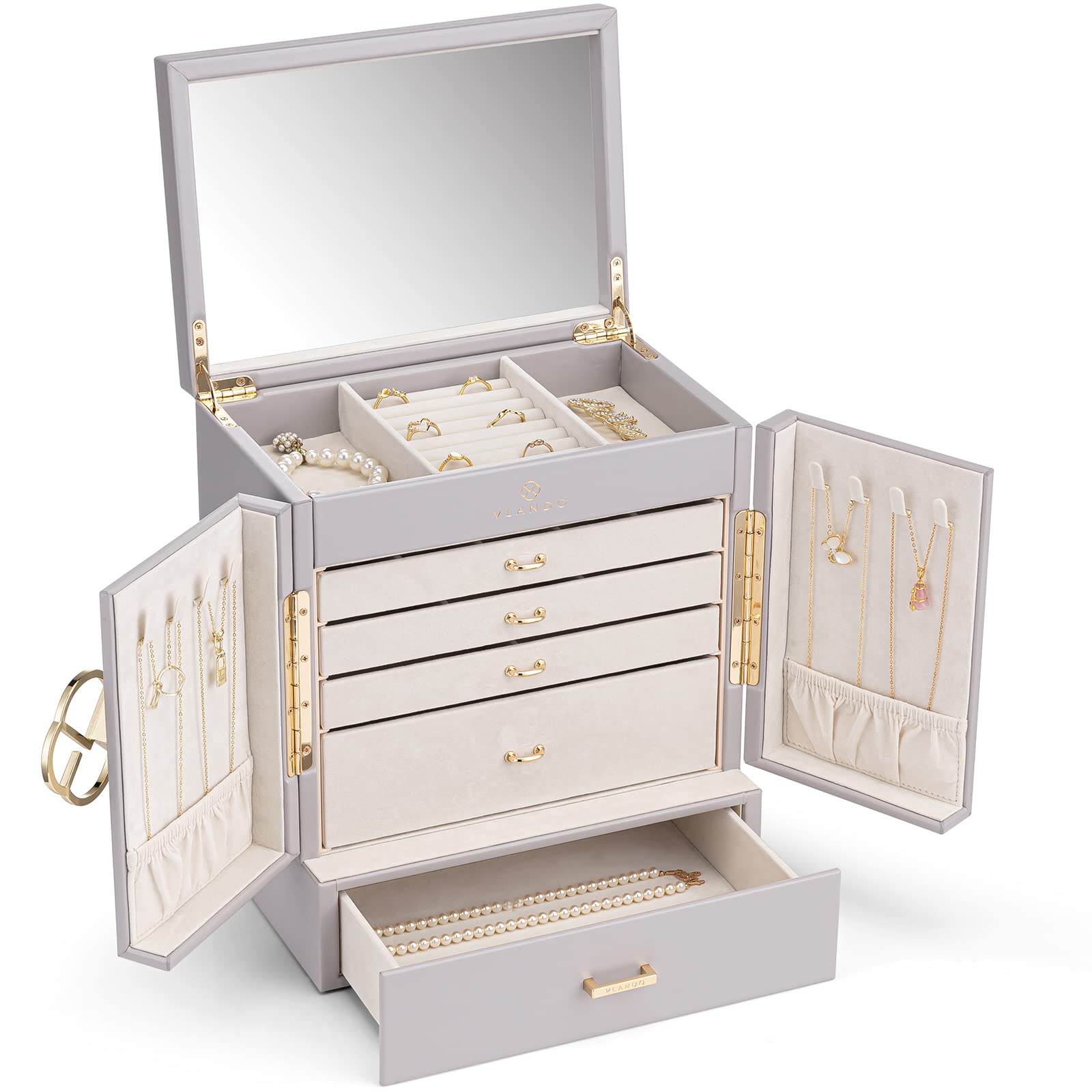 Vlando Grande boîte à bijoux française avec miroir pour femmes accessoires jewelry box