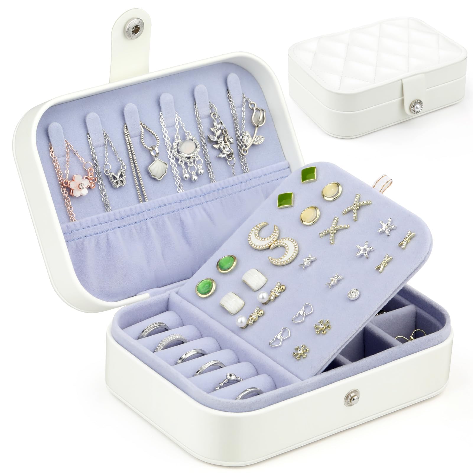 Boîte à Bijoux GlasFlength Portable Femme Cuir PU Double Couche Voyage Blanc