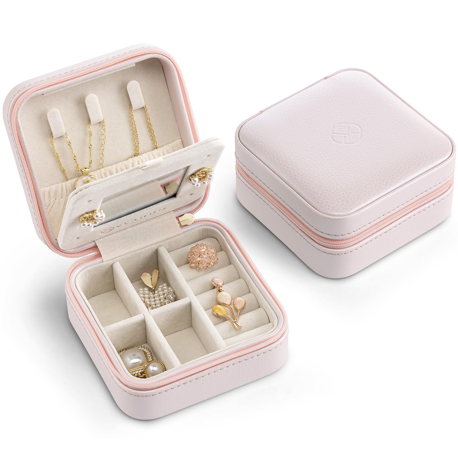 Boîte à bijoux en cuir avec étagères et miroir intégré – Cadeau personnalisé pour fille et femme – Rose bordelaise