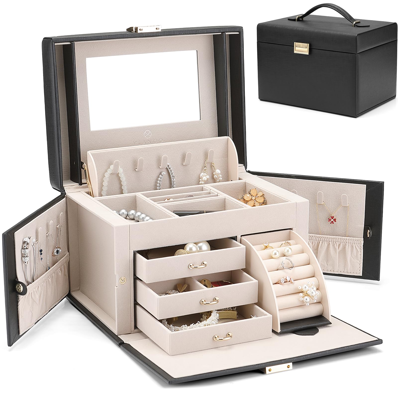 Vlando Boîte à bijoux baroque noir avec miroir pour filles et femmes, 3 tiroirs, idéal cadeau fête des mères