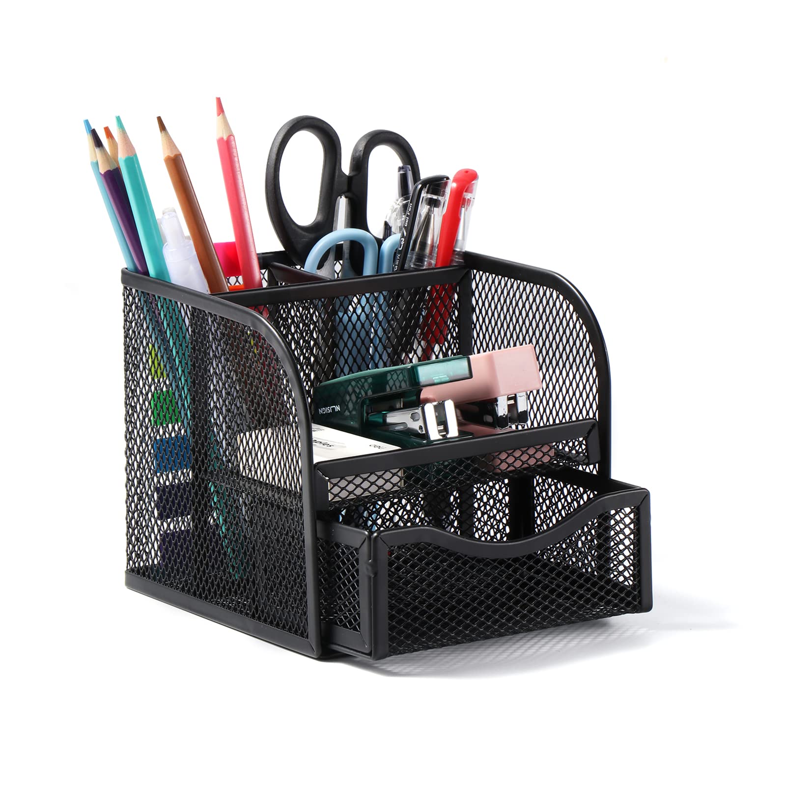 Rangement Bureau Vinabo Metallique, Organisateur de Bureau avec Tiroir Coulissant, Pot a Crayon Tri Compacts pour Maison