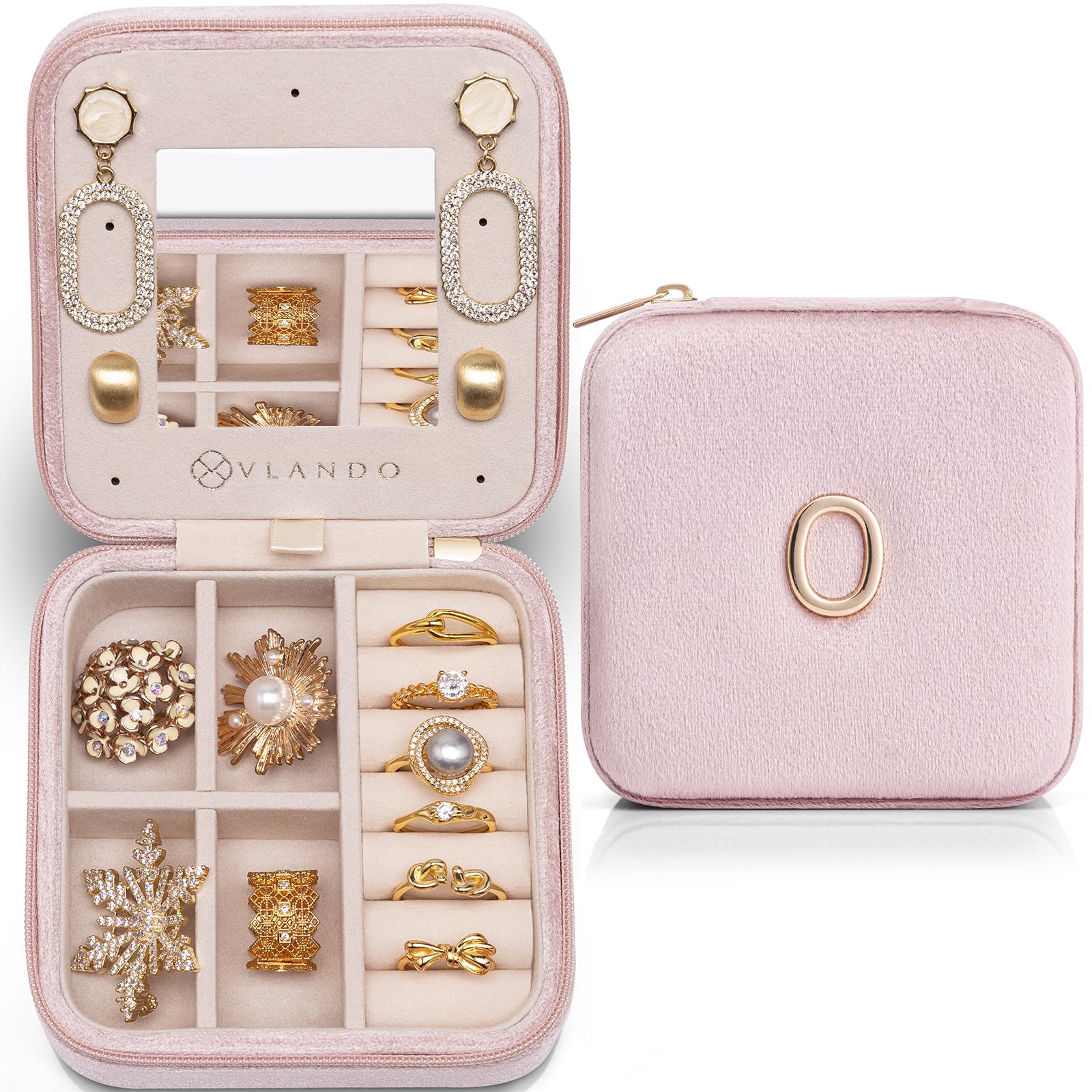 Vlando Boîte à bijoux de voyage pour femme, organiseur en velours personnalisé, rangement de bijoux avec miroir